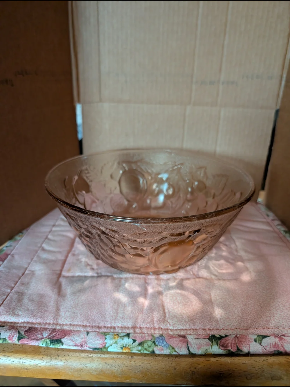 Vintage Pink Depression Glass Serving Bowl with Fruit Design